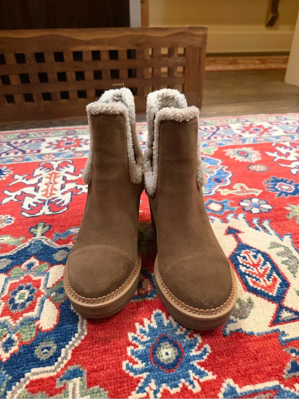 Sam Edelman Tan Sherpa-Trim Wedge Ankle Boots